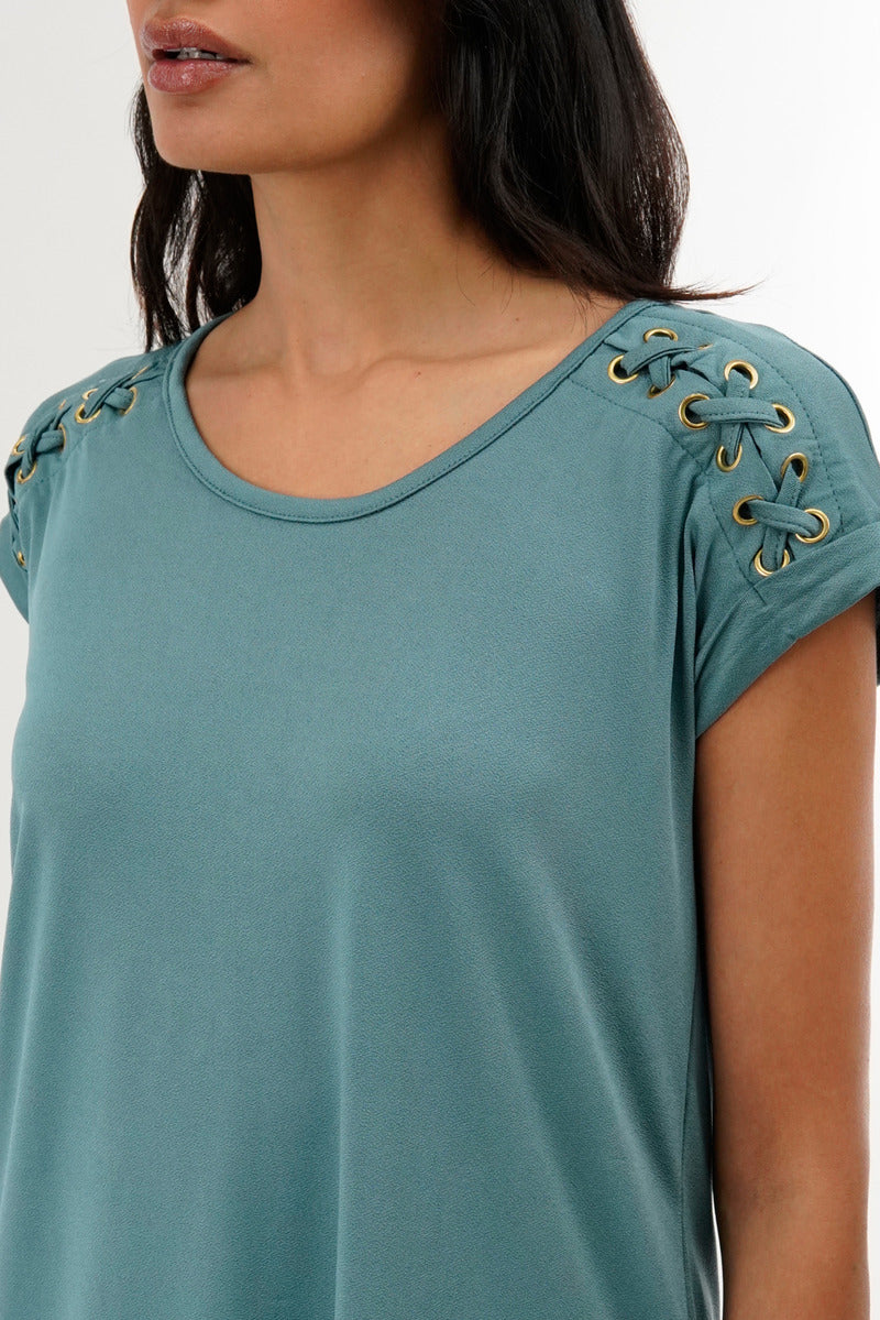 International INC Company Shoulder Lace Up Tee - Teal - Womens Tees & Tank Tops - Fairweather