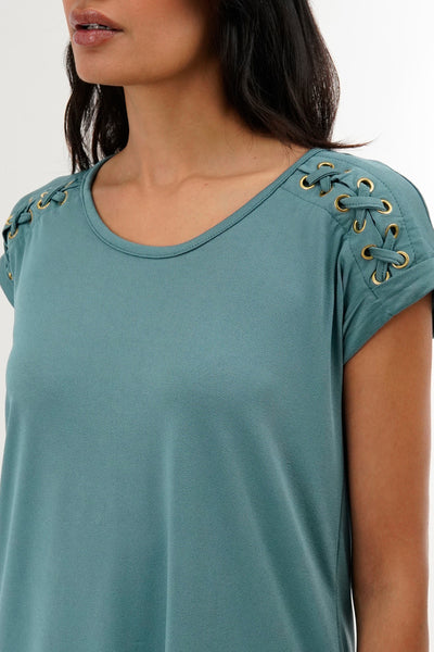 International INC Company Shoulder Lace Up Tee - Teal - Womens Tees & Tank Tops - Fairweather