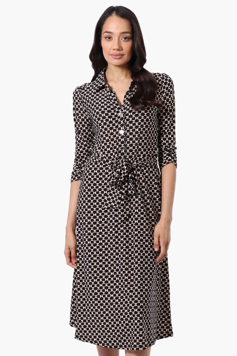 Beechers Brook Patterned Belted 3/4 Sleeve Midi Dress - Black - Womens Midi Dresses - Fairweather