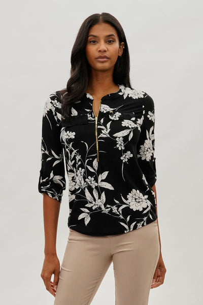 Beechers Brook Floral Half Zip Blouse - Black - Womens Shirts & Blouses - Fairweather