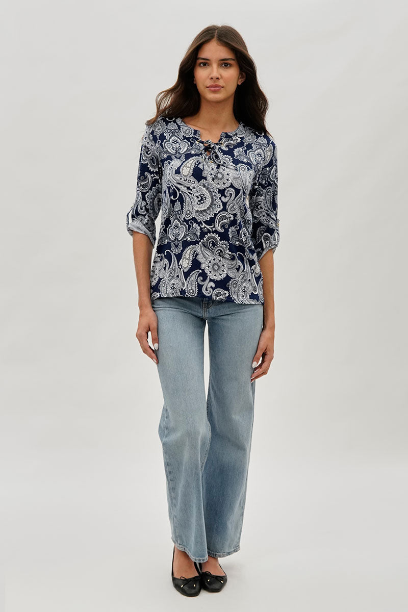 International INC Company Paisley Print Lace Up Blouse - Navy - Womens Shirts & Blouses - Fairweather