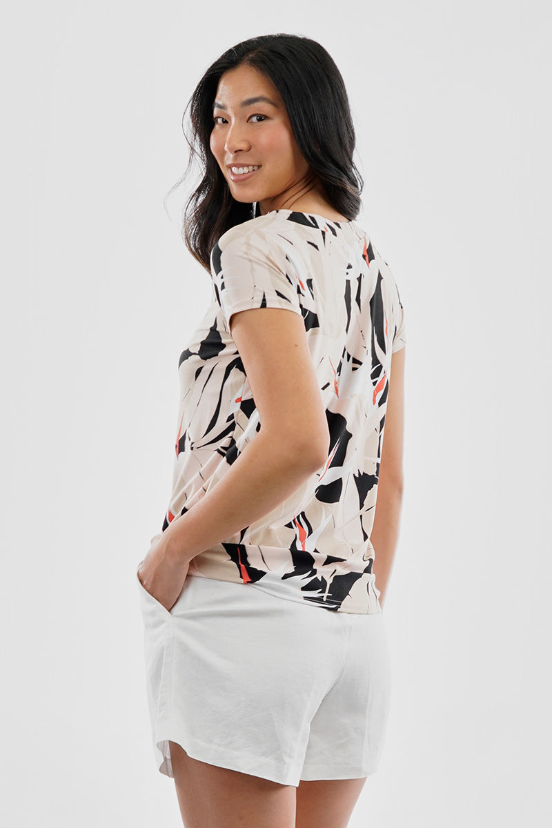 Beechers Brook Feather Print Grommet Neck Detail Tee - Black - Womens Tees & Tank Tops - Fairweather