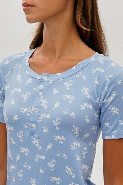 Runaway Bay Floral Short Sleeve Henley Day Dress - Blue - Womens Day Dresses - Fairweather