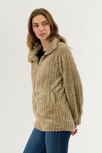 Fahrenheit Plush Zip Up Teddy Lightweight Jacket - Beige