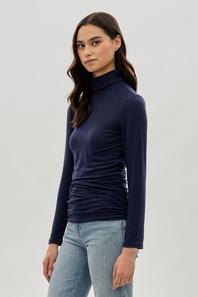Magazine Cinched Side Turtleneck Long Sleeve Top - Navy - Womens Long Sleeve Tops - Fairweather