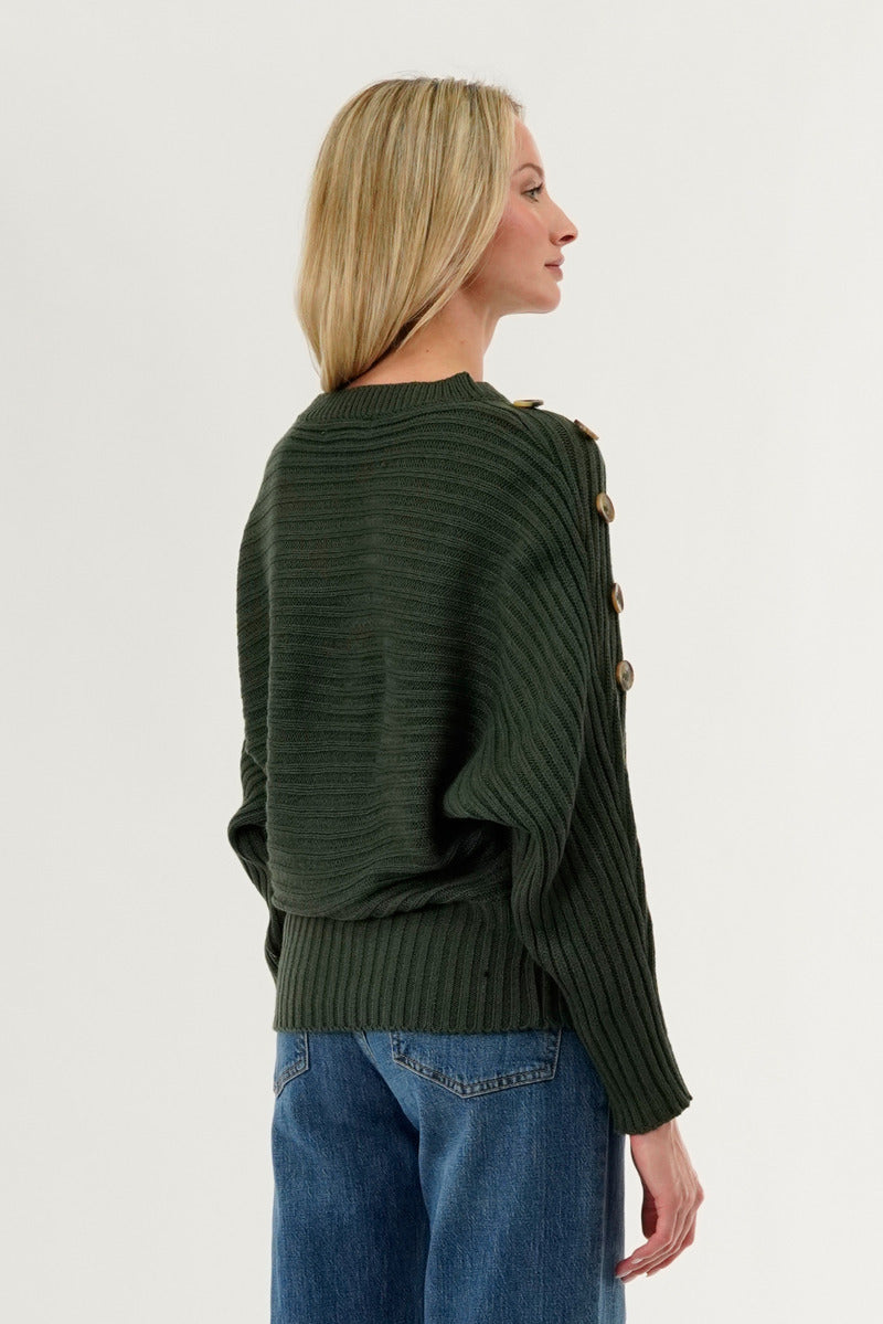 International INC Company Ribbed Button Detail Pullover Sweater - Olive - Womens Pullover Sweaters - Fairweather