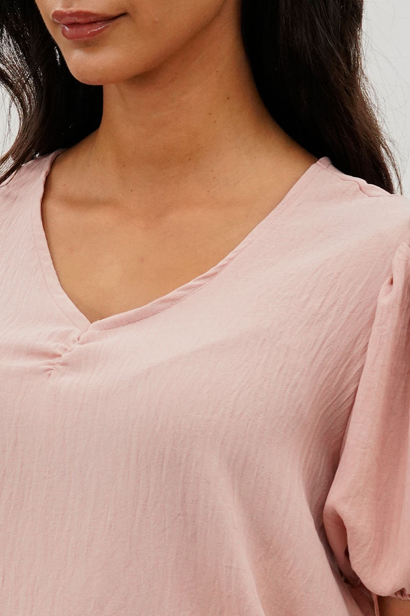 Stylexchange Vintage Puff Sleeve V-Neck Blouse - Pink - Womens Shirts & Blouses - Fairweather