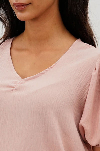 Stylexchange Vintage Puff Sleeve V-Neck Blouse - Pink - Womens Shirts & Blouses - Fairweather
