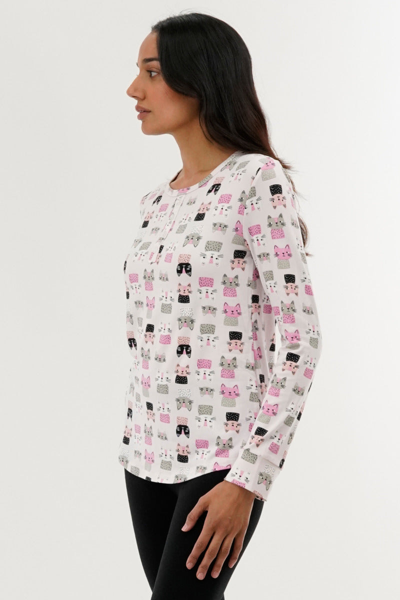 Canada Weather Gear Cat Print Henley Pajama Top - Blush - Womens Pajamas - Fairweather