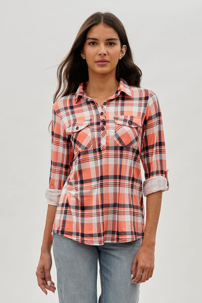 Urbanology Plaid Button Down Shirt - Pink - Womens Shirts & Blouses - Fairweather