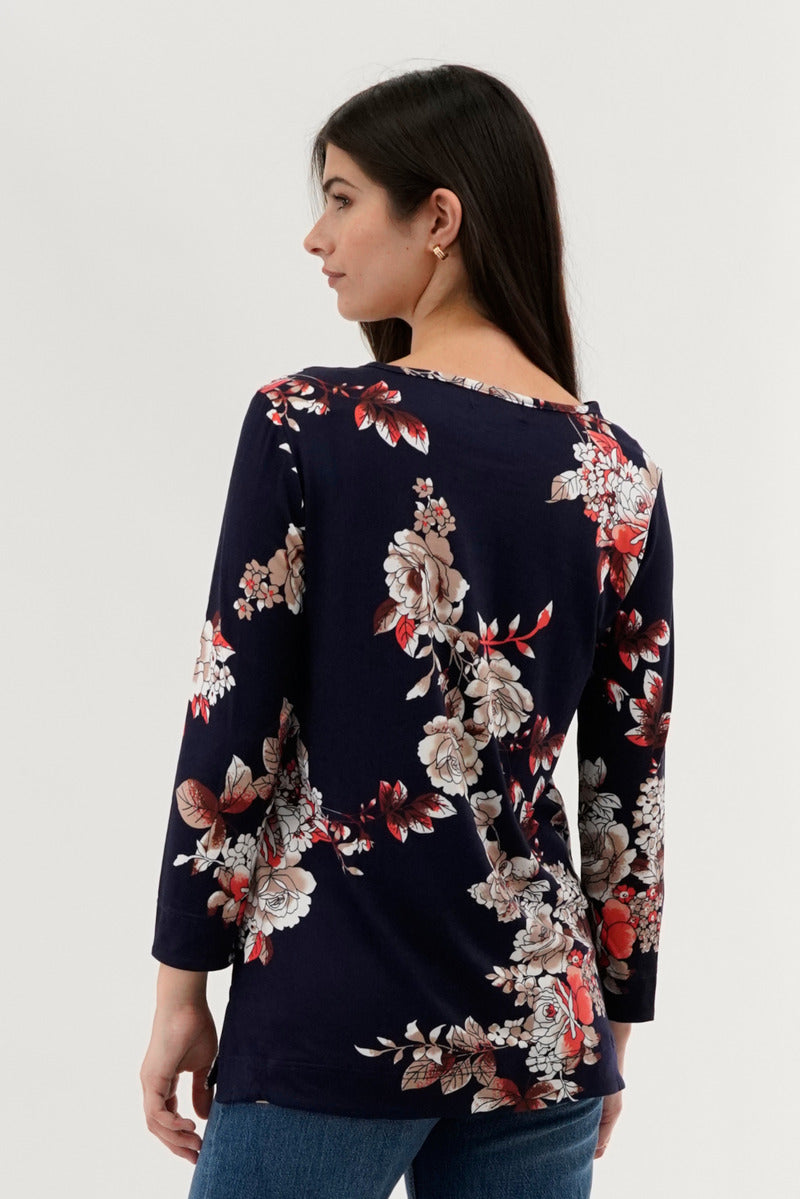 International INC Company Floral 3/4 Sleeve Blouse - Navy - Womens Shirts & Blouses - Fairweather