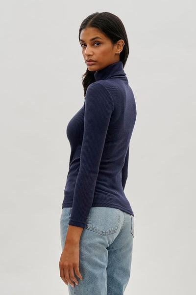 Magazine Ribbed Turtleneck Pullover Sweater - Navy - Womens Tees & Tank Tops - Fairweather