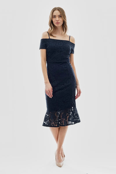 Costa Blanca Lace Off Shoulder Side Slit Cocktail Dress - Navy - Womens Cocktail Dresses - Fairweather