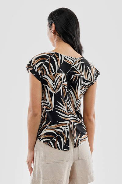 Beechers Brook Leaf Print Cap Sleeve Back Slit Tee - Black - Womens Tees & Tank Tops - Fairweather