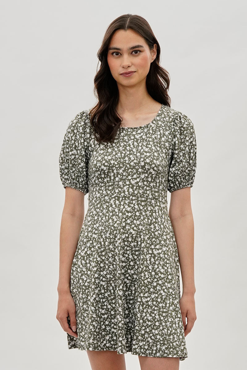 Costa Blanca Floral Puff Sleeve Day Dress - Olive - Womens Day Dresses - Fairweather