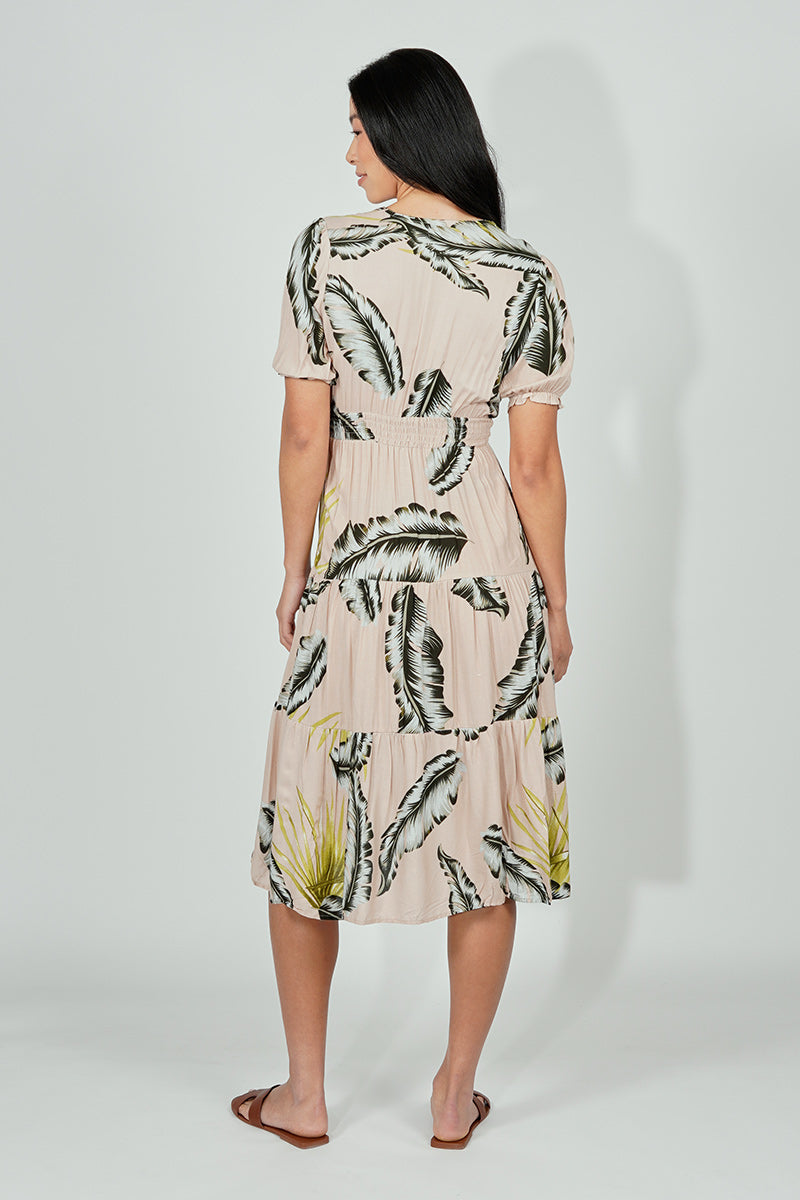 Limite Leaf Print Smocked Tiered Maxi Dress - Beige - Womens Maxi Dresses - Fairweather