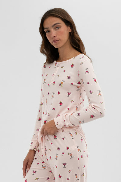 Canada Weather Gear Drink Print Henley Pajama Top - Blush - Womens Pajamas - Fairweather