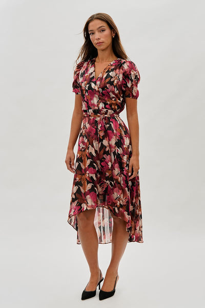 Costa Blanca Floral Crossover Midi Dress - Burgundy - Womens Midi Dresses - Fairweather
