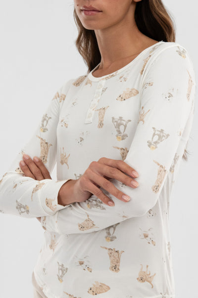 Canada Weather Gear Dog Print Henley Pajama Top - Beige - Womens Pajamas - Fairweather