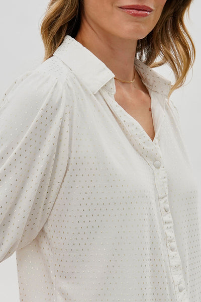 Beechers Brook Patterned Puff Sleeve Button Down Blouse - White - Womens Shirts & Blouses - Fairweather