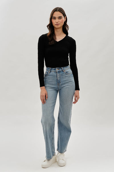 International INC Company Ribbed V-Neck Long Sleeve Top - Black - Womens Long Sleeve Tops - Fairweather