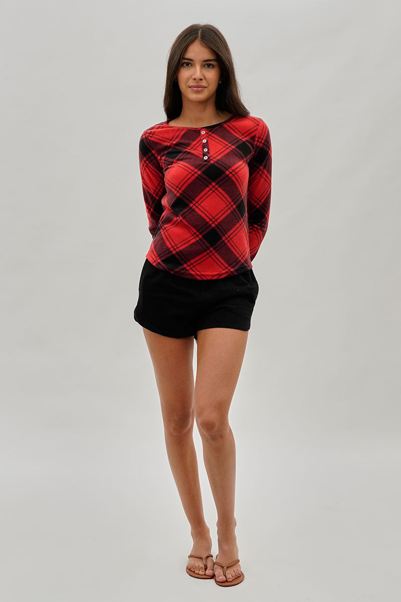 Canada Weather Gear Tartan Plaid Henley Pajama Top - Red - Womens Pajamas - Fairweather