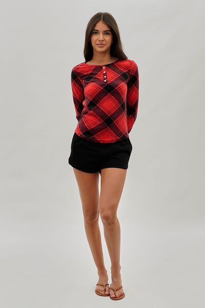 Canada Weather Gear Tartan Plaid Henley Pajama Top - Red - Womens Pajamas - Fairweather