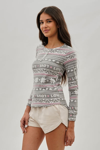 Canada Weather Gear Festive Print Henley Pajama Top - Grey - Womens Pajamas - Fairweather