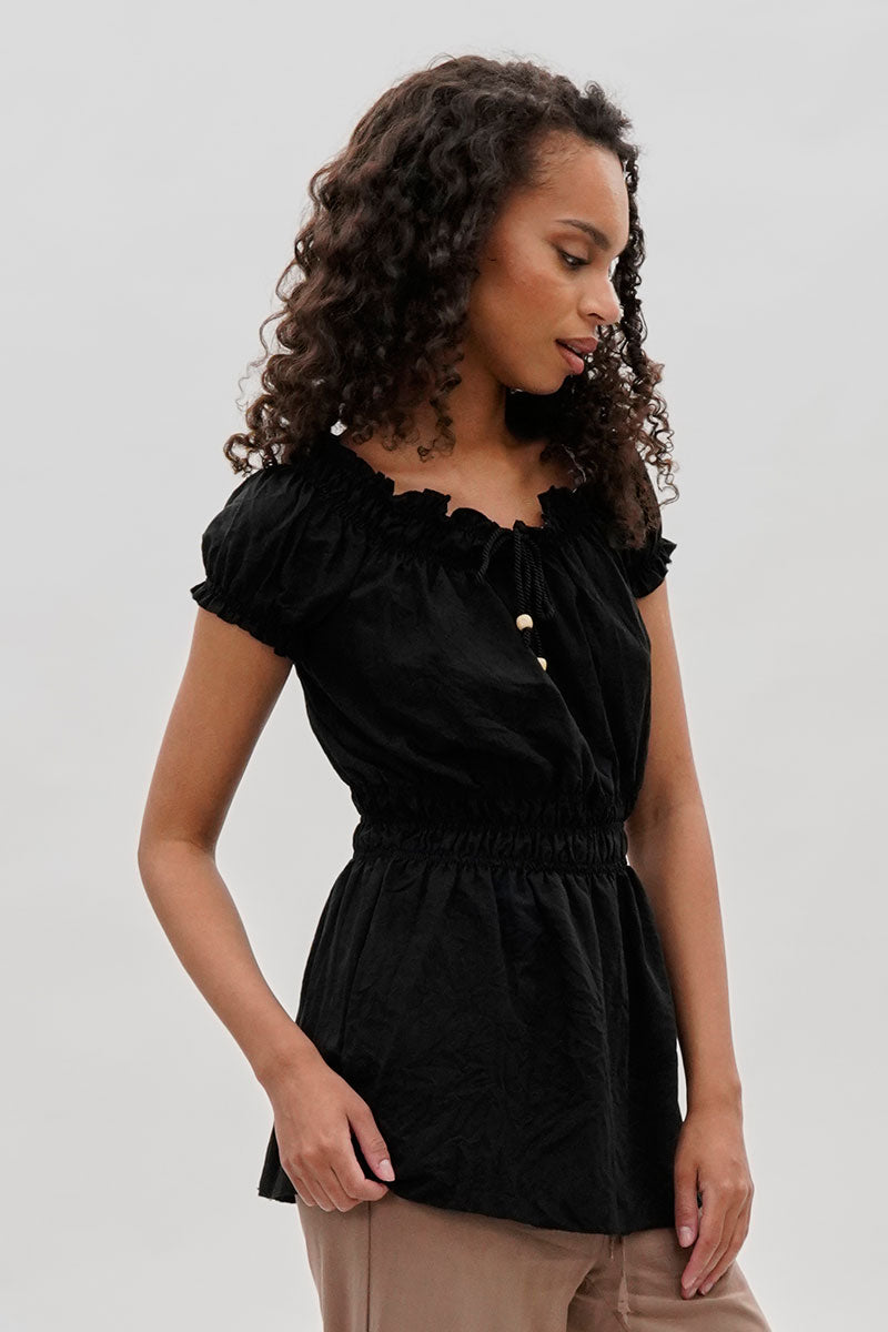 Runaway Bay Cinched Short Sleeve Blouse - Black - Womens Shirts & Blouses - Fairweather