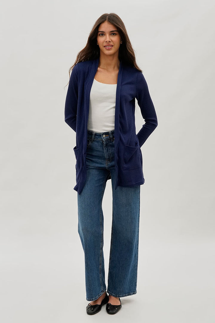 Open Front Waffle Knit Cardigan - Navy