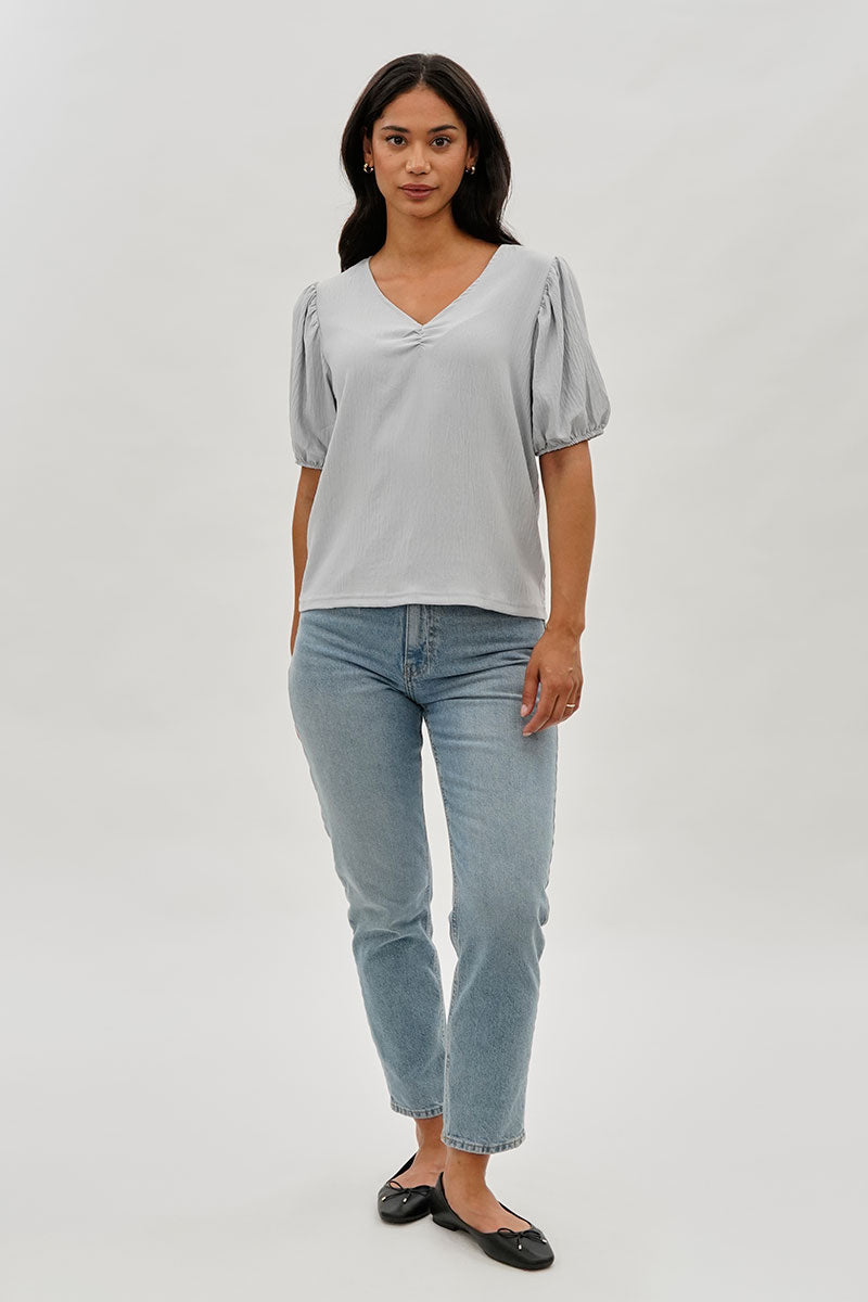 Stylexchange Vintage Puff Sleeve V-Neck Blouse - Grey - Womens Shirts & Blouses - Fairweather