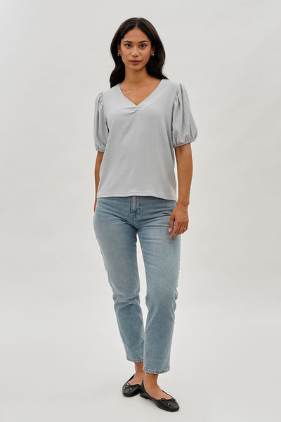 Stylexchange Vintage Puff Sleeve V-Neck Blouse - Grey - Womens Shirts & Blouses - Fairweather