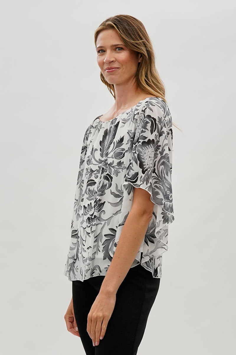 Costa Blanca Baroque Print Chiffon Blouse - White - Womens Shirts & Blouses - Fairweather