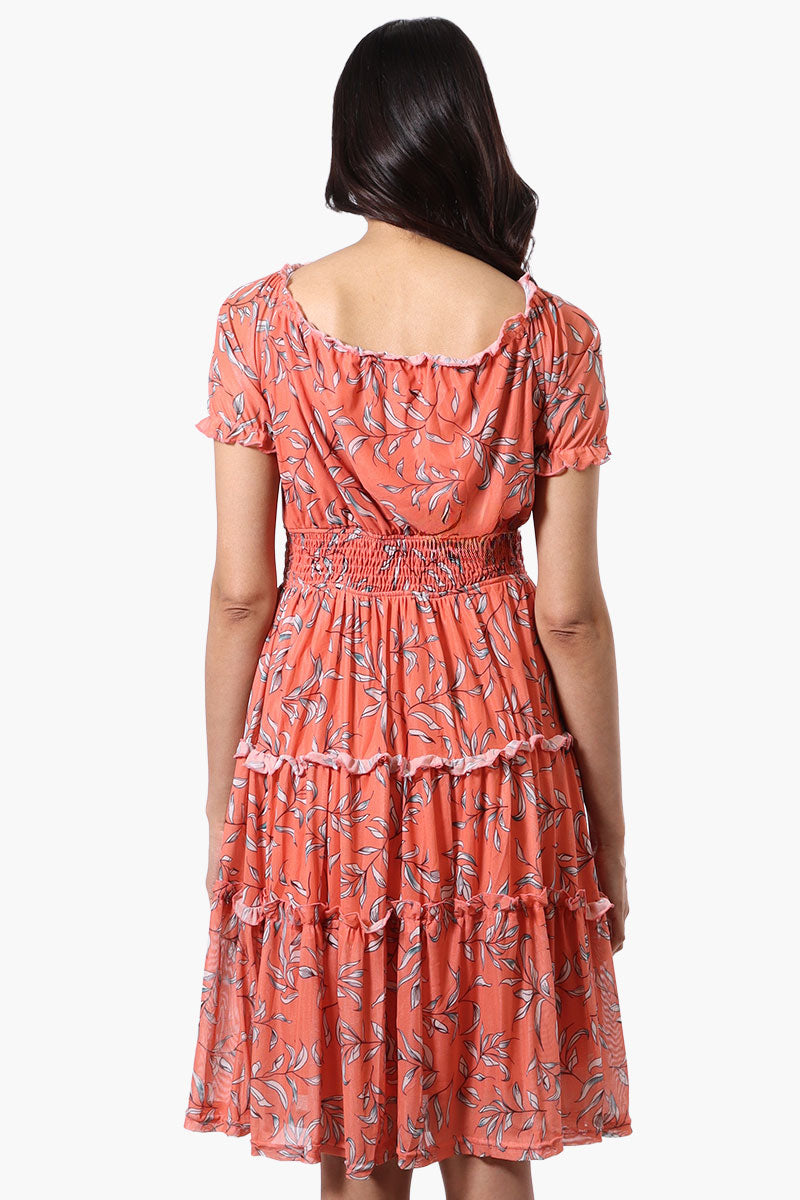 Costa Blanca Leaf Print Tiered Smocked Waist Midi Dress - Coral - Womens Midi Dresses - Fairweather