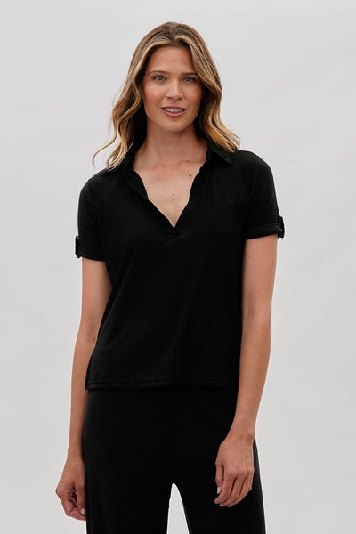 Costa Blanca Short Sleeve Split Neck Blouse - Black - Womens Shirts & Blouses - Fairweather