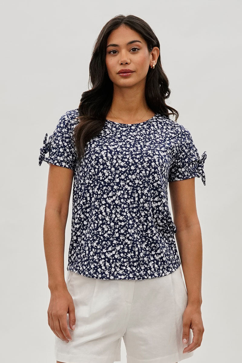 International INC Company Floral Tie Sleeve Tee - Navy - Womens Tees & Tank Tops - Fairweather