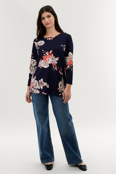 International INC Company Floral 3/4 Sleeve Blouse - Navy - Womens Shirts & Blouses - Fairweather