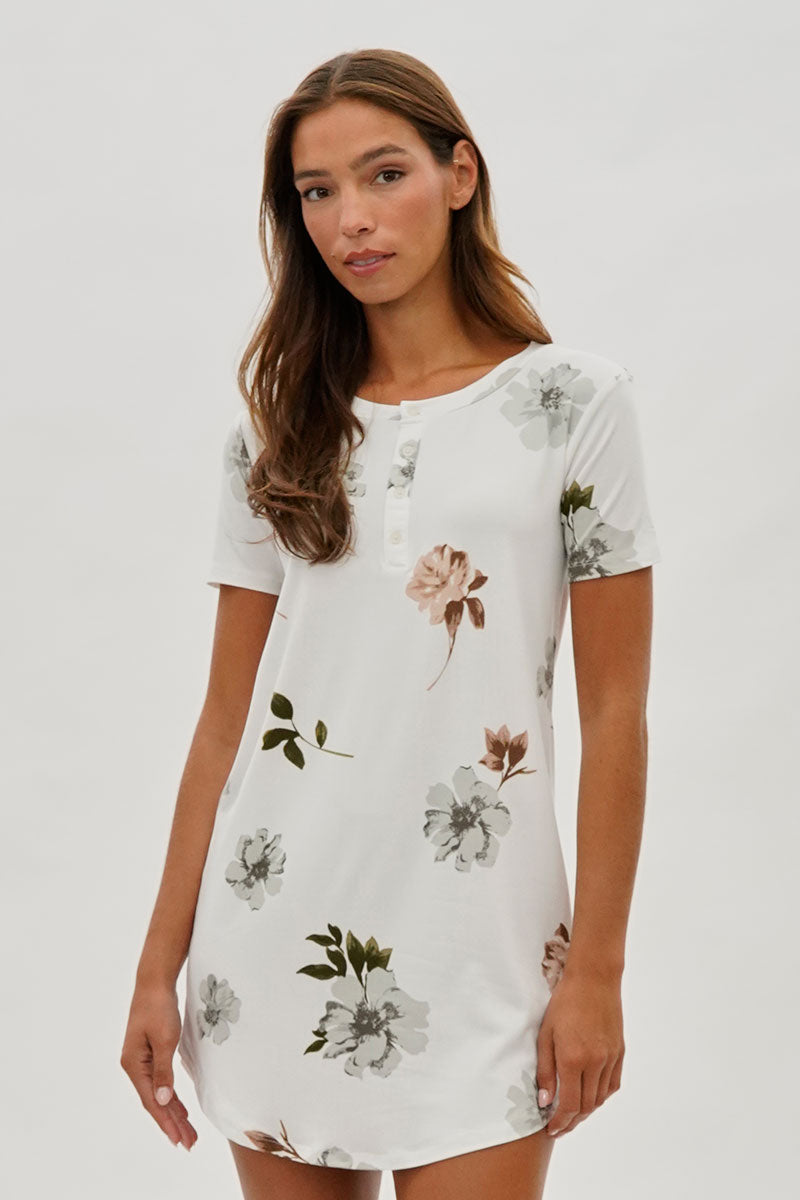 Runaway Bay Floral Short Sleeve Henley Day Dress - White - Womens Day Dresses - Fairweather