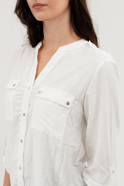 Runaway Bay Roll Up Sleeve Utility Pocket Blouse - White - Womens Shirts & Blouses - Fairweather