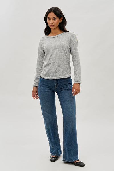 International INC Company Boat Neck Button Detail Pullover Sweater - Grey - Womens Pullover Sweaters - Fairweather