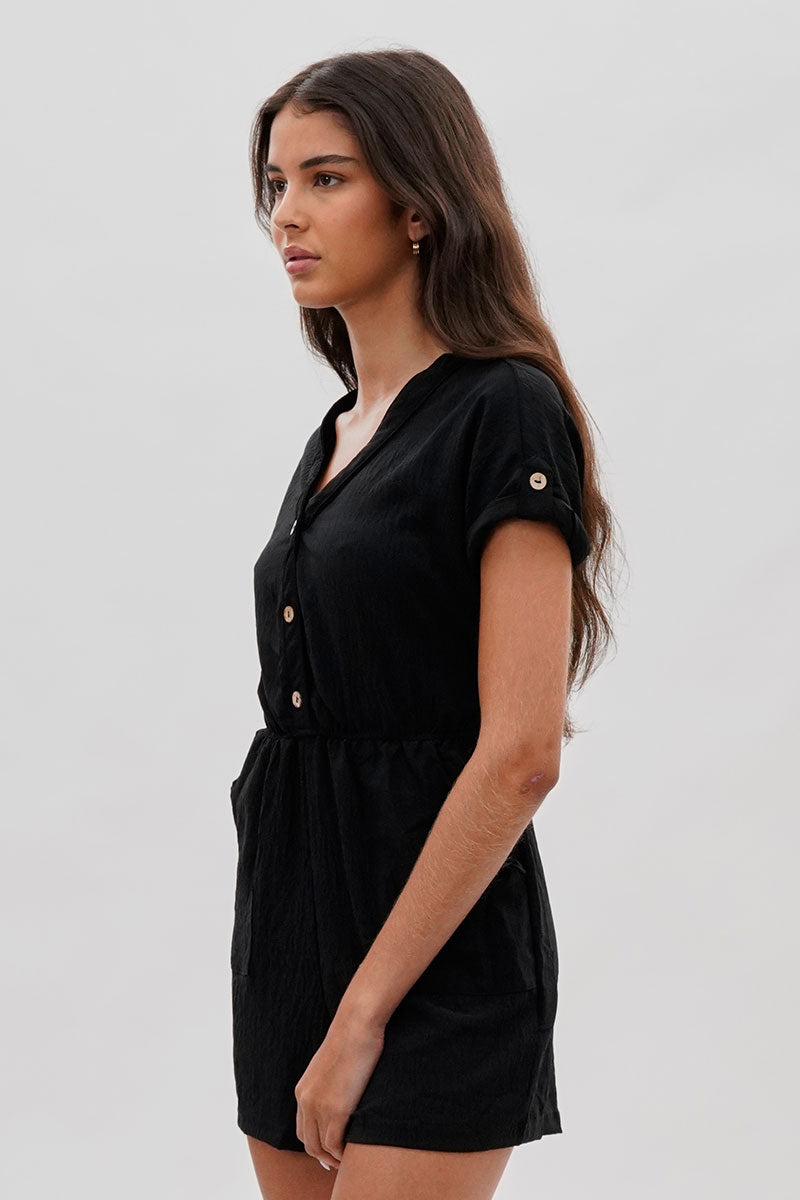 Stylexchange Vintage Back Tie Button Up Romper - Black - Womens Jumpsuits & Rompers - Fairweather