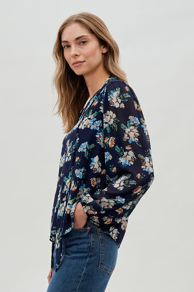 Beechers Brook Floral Tie-Neck Chiffon Blouse - Navy - Womens Shirts & Blouses - Fairweather