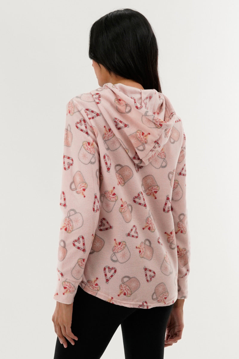 Canada Weather Gear Festive Print Hooded Pajama Top - Pink - Womens Pajamas - Fairweather