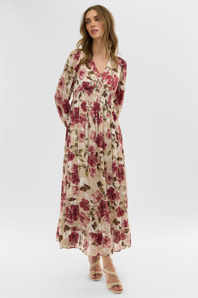 Costa Blanca Floral Long Sleeve Chiffon Maxi Dress - Beige - Womens Maxi Dresses - Fairweather