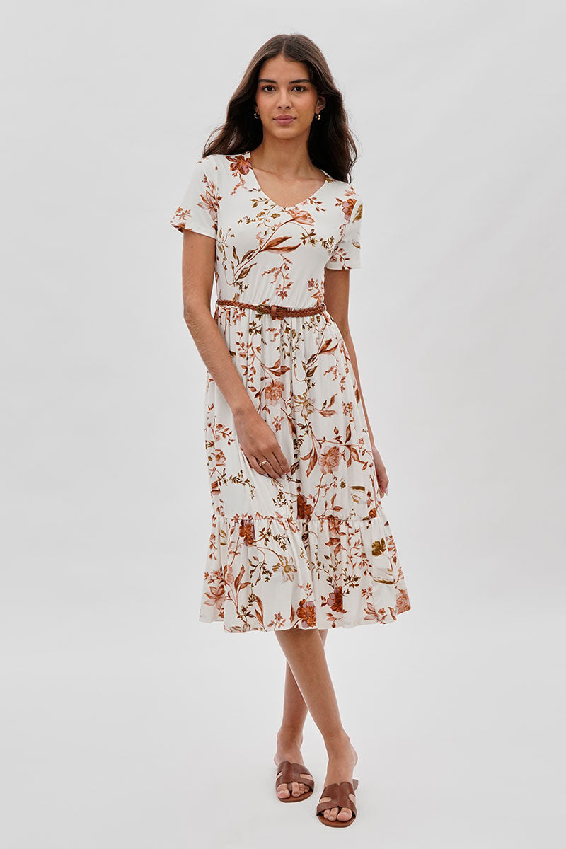 Belted Short Sleeve Midi Dress