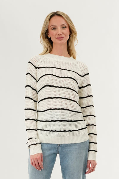 International INC Company Striped Knit Crewneck Pullover Sweater - White - Womens Pullover Sweaters - Fairweather