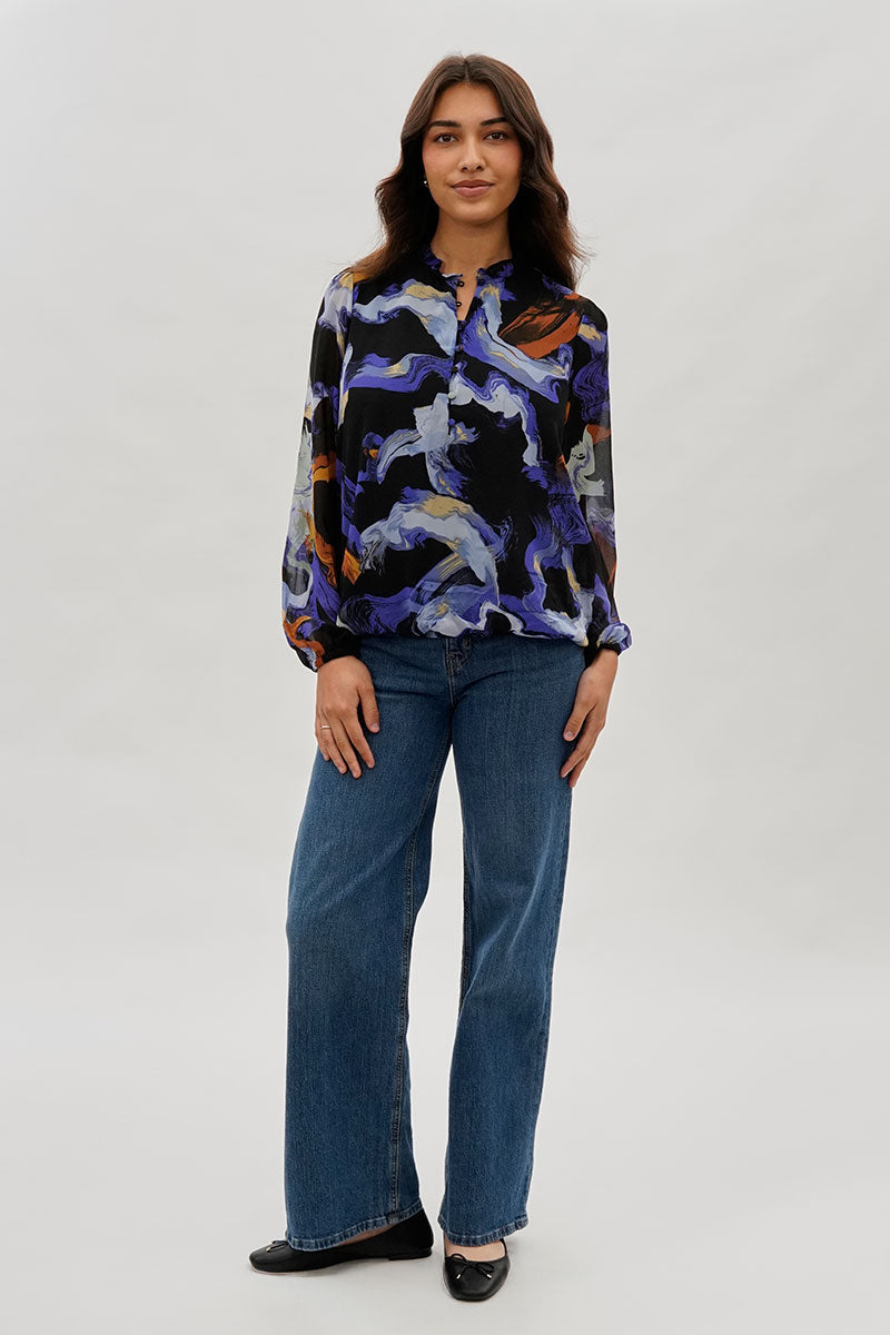 Costa Blanca Marble Print Ruffle Neck Blouse - Black - Womens Shirts & Blouses - Fairweather