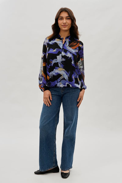 Costa Blanca Marble Print Ruffle Neck Blouse - Black - Womens Shirts & Blouses - Fairweather
