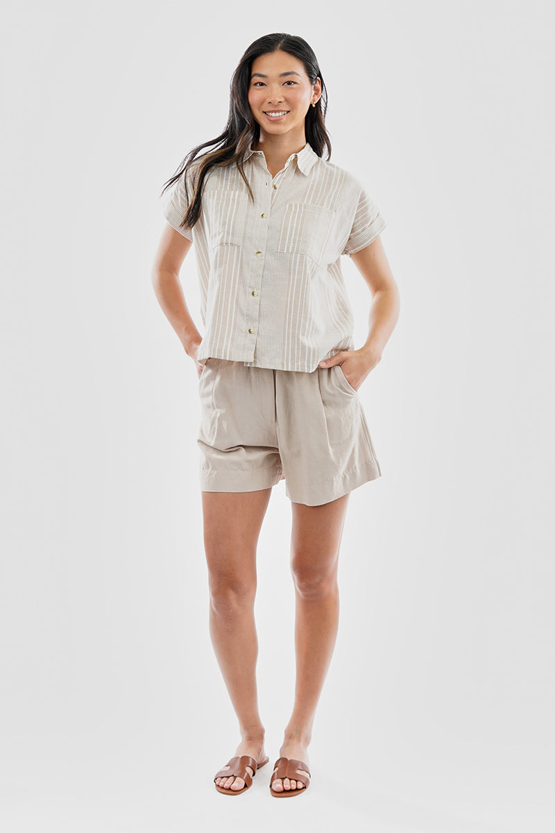 Beechers Brook Striped Button Up Short Sleeve Shirt - Beige - Womens Shirts & Blouses - Fairweather