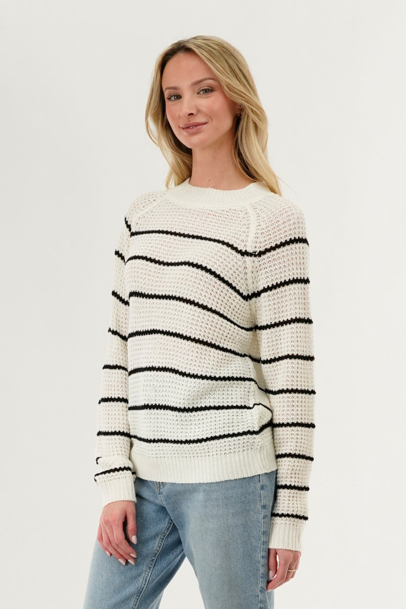 International INC Company Striped Knit Crewneck Pullover Sweater - White - Womens Pullover Sweaters - Fairweather